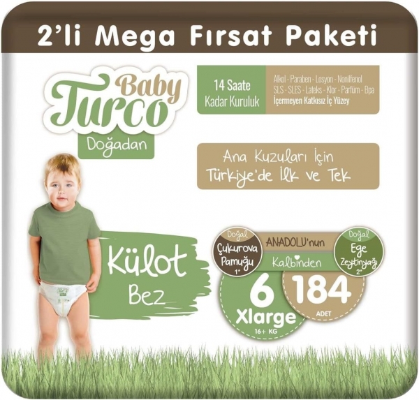 Baby Turco Doğadan Külot Bez 6 Beden 184 Adet Bebek Bezi