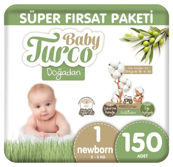 Baby Turco Doğadan 1 Beden 150 Adet Bebek Bezi