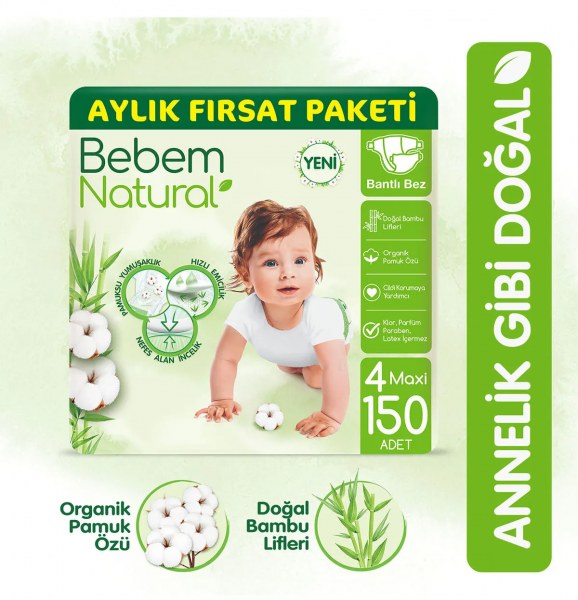 Bebem Natural 4 Beden 150 Adet Bebek Bezi