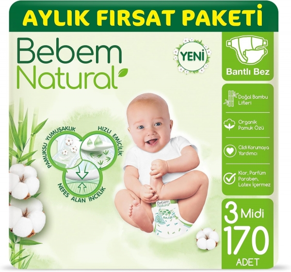 Bebem Natural 3 Beden 170 Adet Bebek Bezi