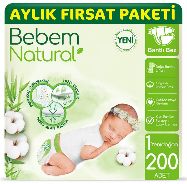 Bebem Natural 1 Beden 200 Adet Bebek Bezi