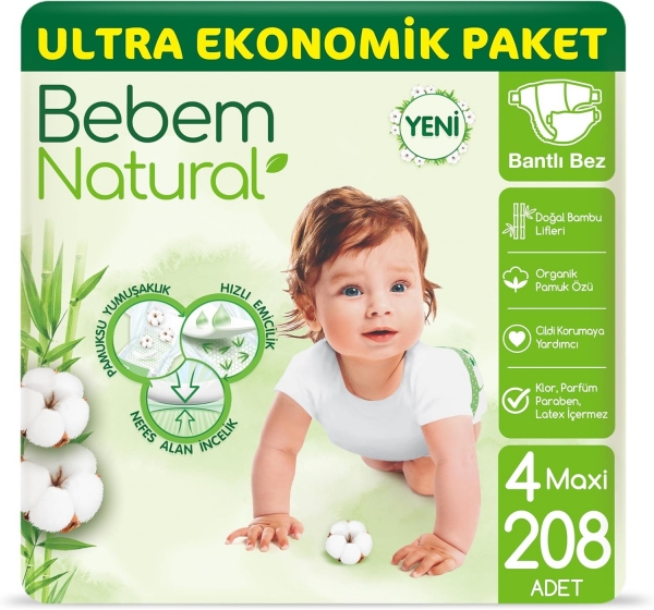 Bebem Natural 4 Beden 208 Adet Bebek Bezi