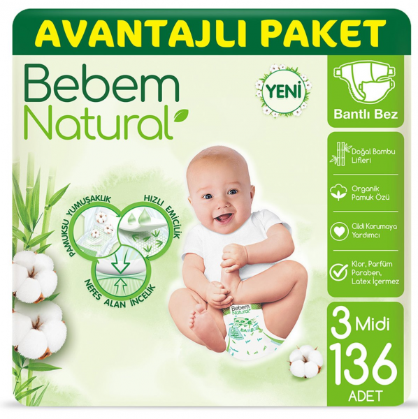 Bebem Natural 3 Beden 136 Adet Bebek Bezi