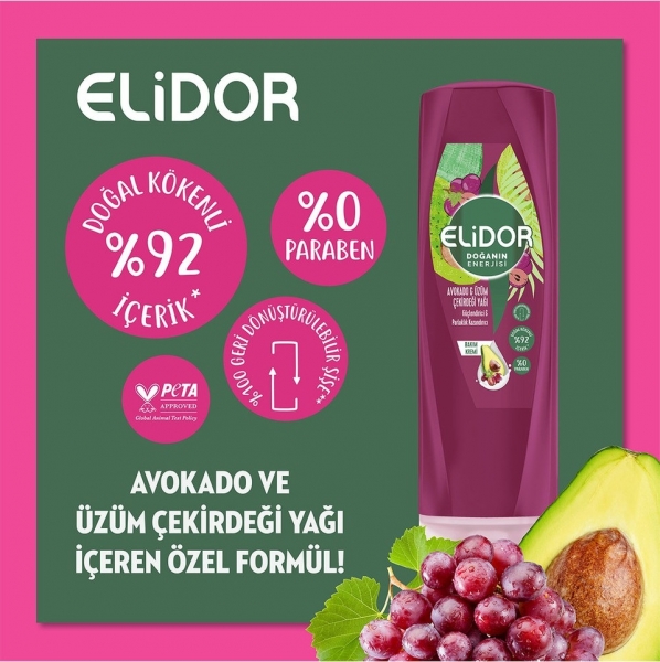 Elidor Doğanın Enerjisi Avokado ve Üzüm Çekirdeği Yağı 350 ml Saç Kremi