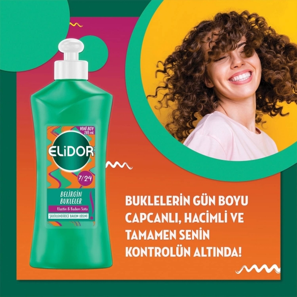 Elidor 7/24 Şekillendirici Belirgin Bukleler Elastin ve Badem Sütü 265 ml Saç Kremi