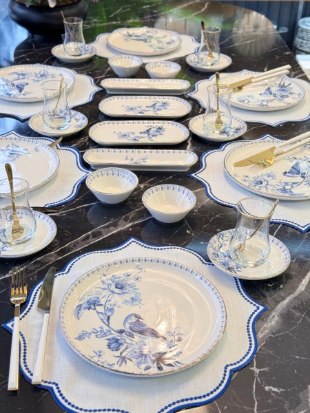 Onedekor Modern Mavi Kuş 32 Parça Kahvaltı Takımı