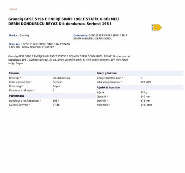 Grundig GFSE 5196 Derin Dondurucu