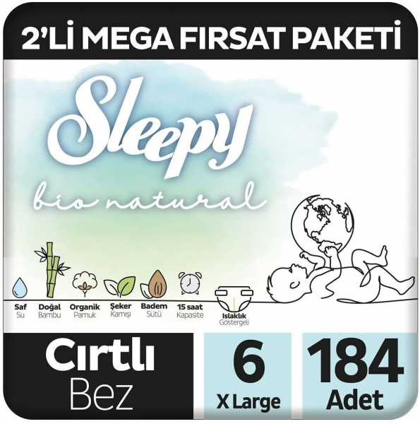 Sleepy Bio Natural 6 Beden 184 Adet Bebek Bezi