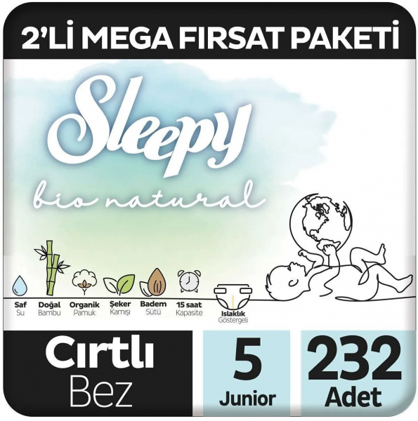 Sleepy Bio Natural 5 Beden 232 Adet Bebek Bezi