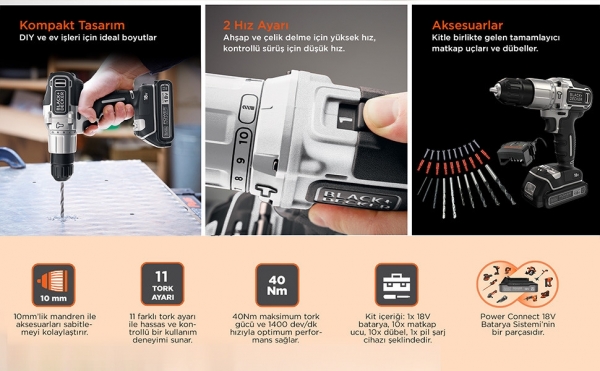 Black+Decker BDCHD18SC1K-QW Akülü Matkap (1 Akülü)