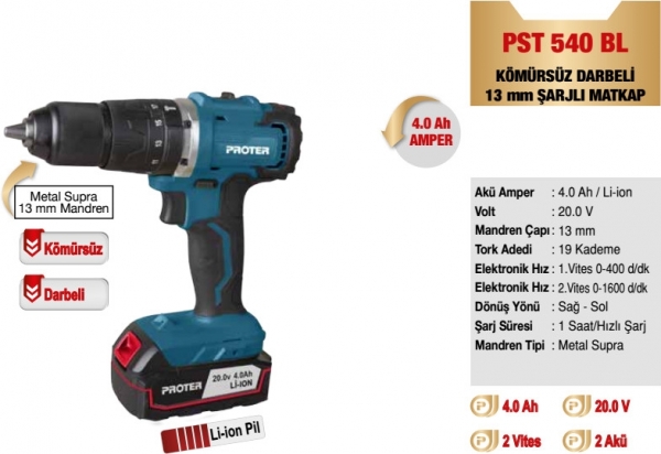 Proter PST 540 BL Akülü Matkap