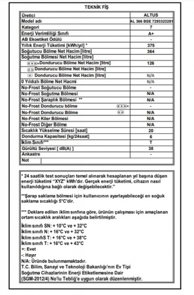 Altus AL 366 BSE Buzdolabı
