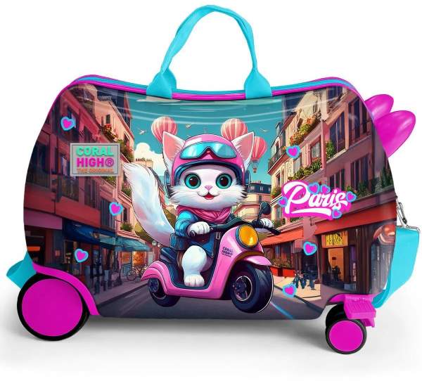 Coral High 16358 Motorlu Kedi Desenli Otur-Çek Çocuk Valizi