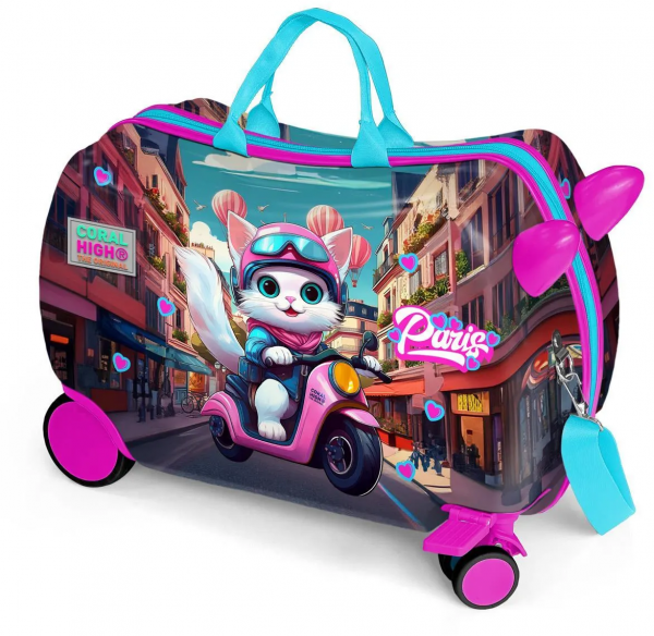 Coral High 16358 Motorlu Kedi Desenli Otur-Çek Çocuk Valizi